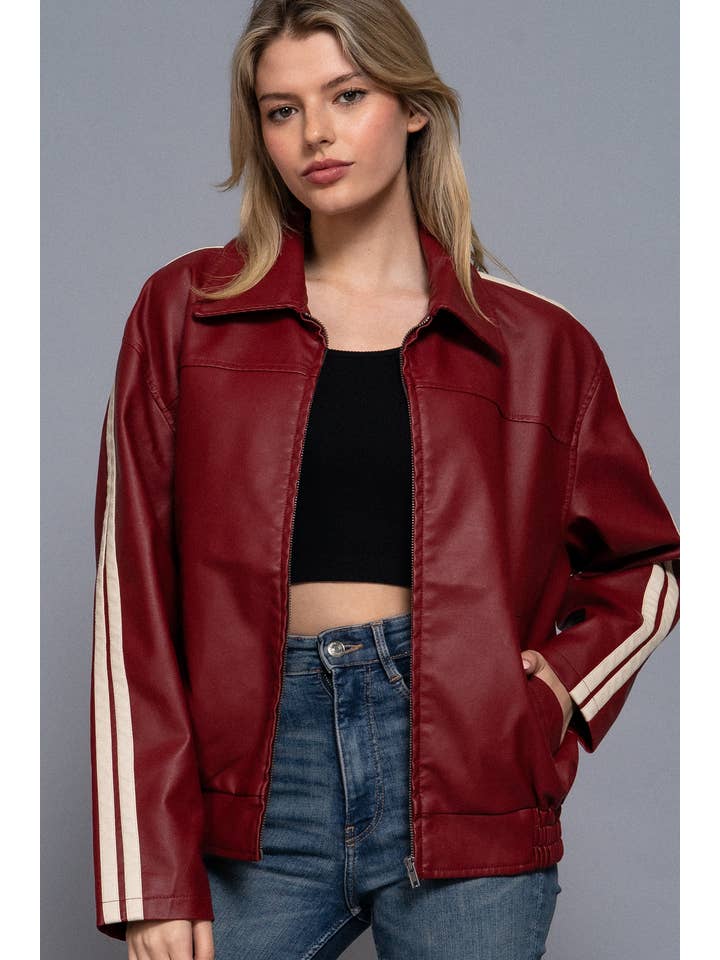 Active Basic | Active USA - Wholesale Leather Jacket - Women's - Long Sleeve Line Detail Faux Leather Jacket5