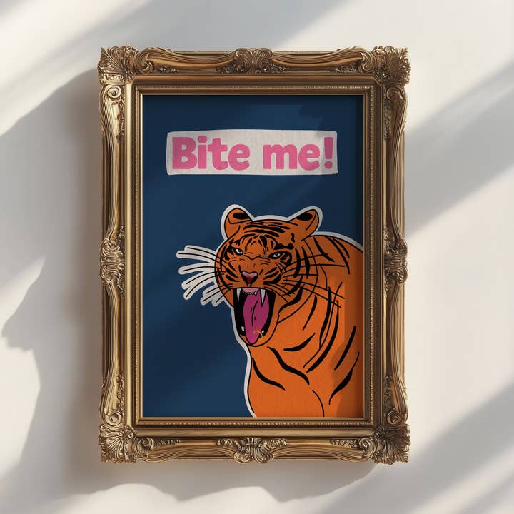 Bite me tiger print for wholesale by Pink Giraffe Print Co