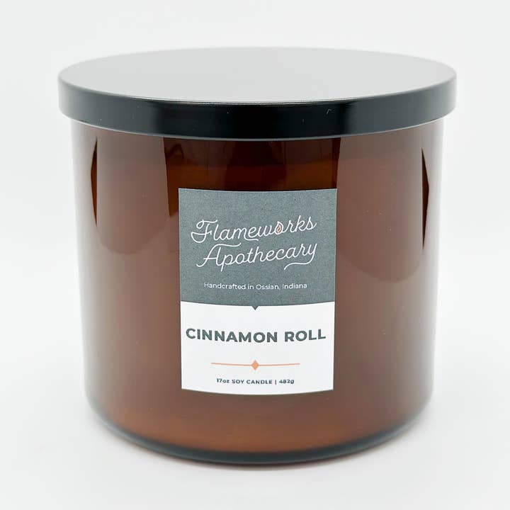 Bougie en pot ambré à double mèche Cinnamon Roll 17 oz pour la vente par Flameworks Apothecary