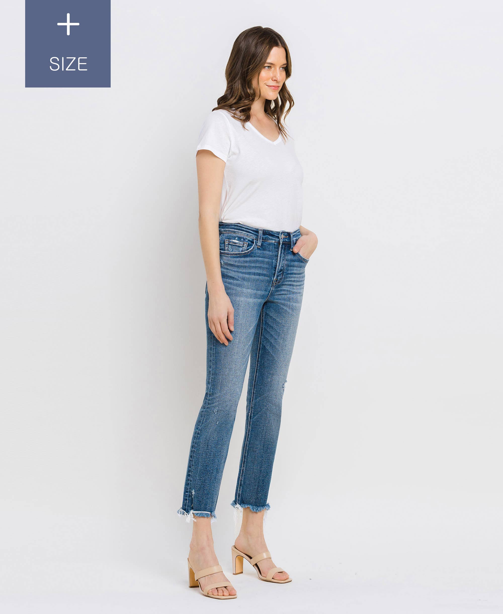 RIVER LAGAN PLUS SIZE HIGH RISE UNEVEN RAW HEM SLIM STRAIGHT T6299-P for wholesale on Faire5