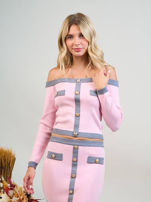 OFF SHOULDER 2 PIECE SET WITH GOLD ACCENT BUTTONS for wholesale by Hesperus