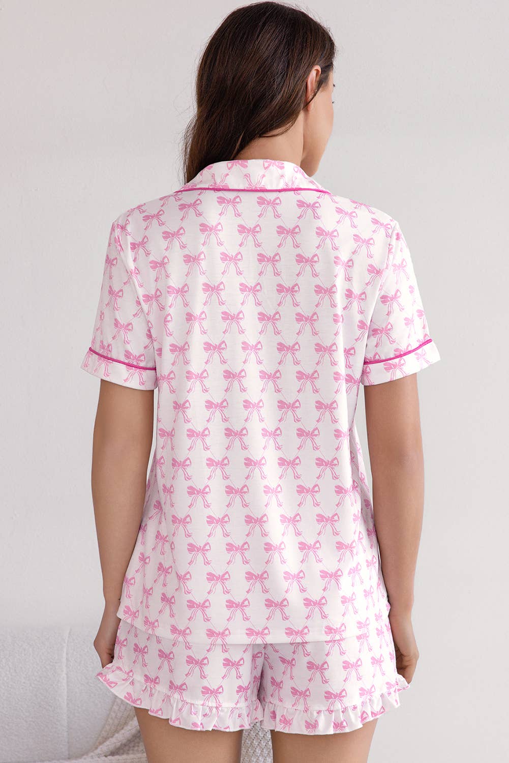 Pink Bowknot Print Short Sleeve and Shorts Pajama Set for wholesale on Faire1