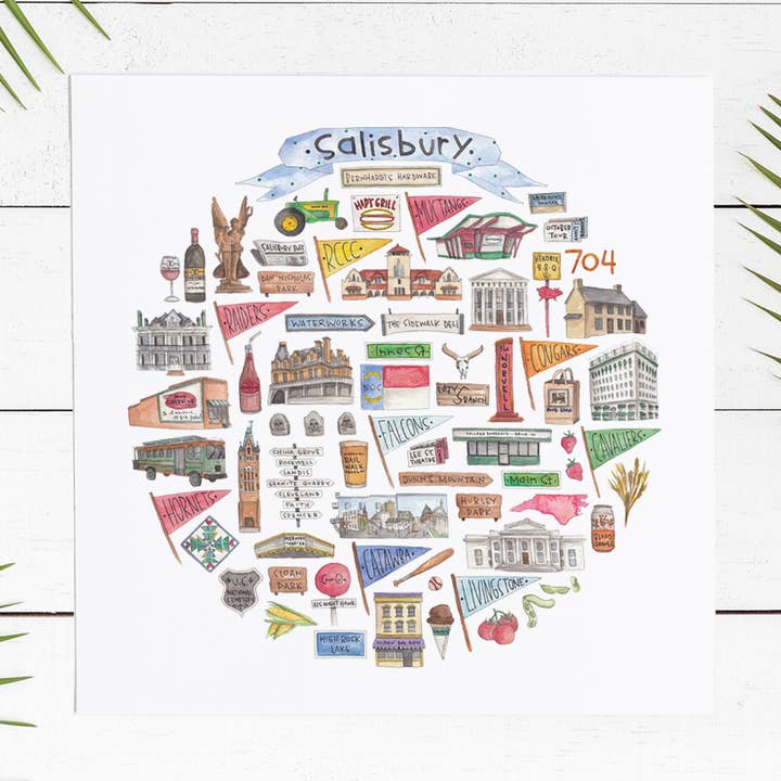 Impressão em aquarela de ícone de Salisbury, NC por atacado de Green Blanky Studio