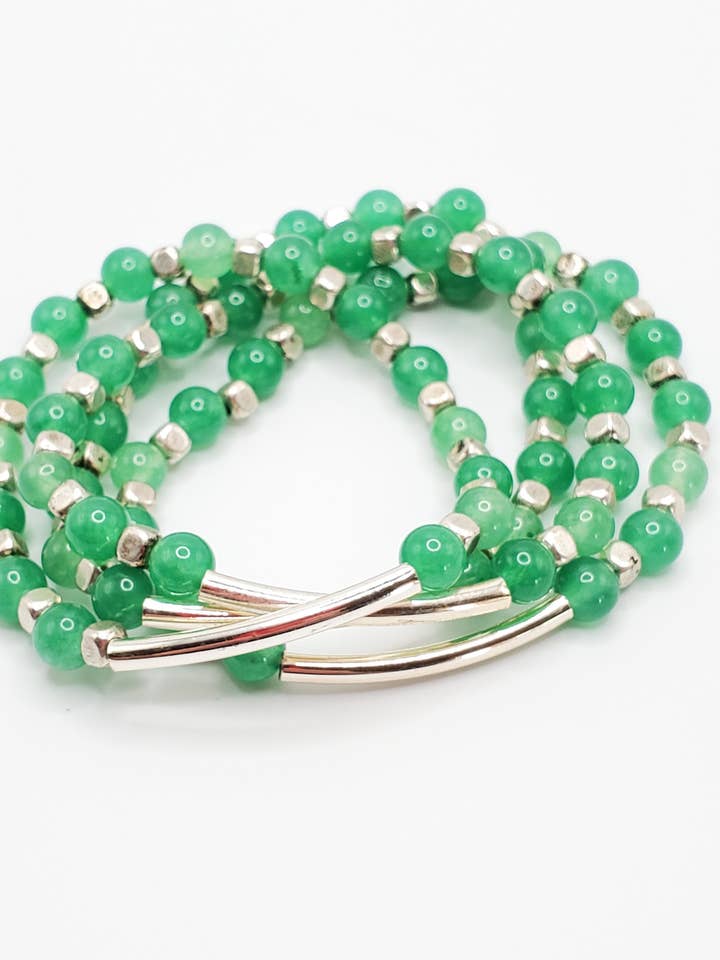 Bracelet, Stretch, Aventurine & Silver, Spring for wholesale by Jezabel Adornment