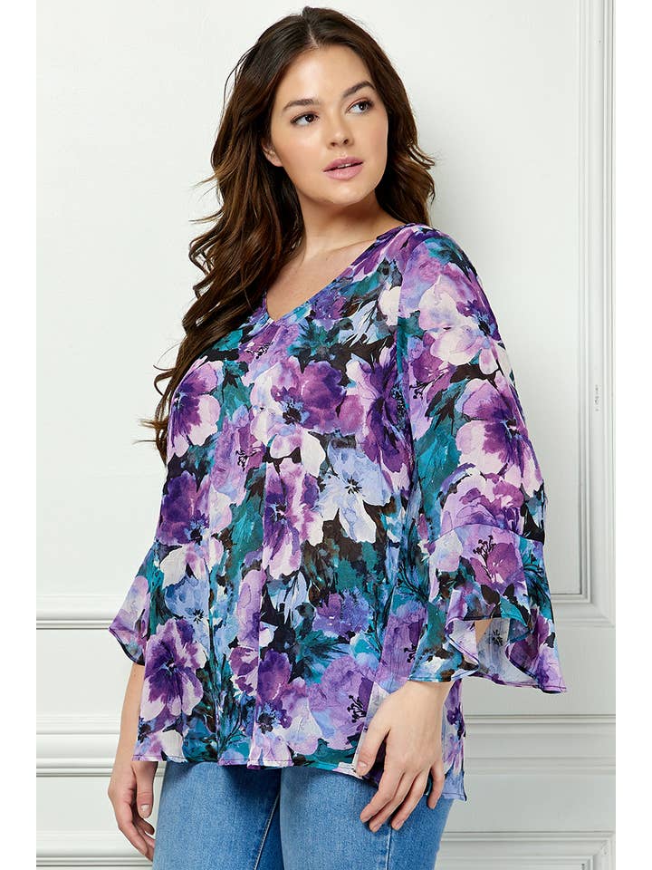 Navy Purple Teal PLUS SIZE RUFFLE SLEEVE V-NECK SWING BLOUSE for wholesale on Faire