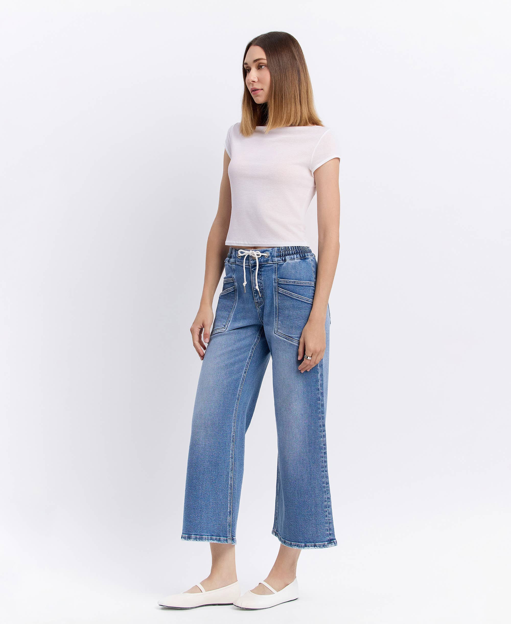REASSURE HIGH RISE DRAWSTRING WAISTBAND WIDE LEG JEANS V3650 for wholesale on Faire9