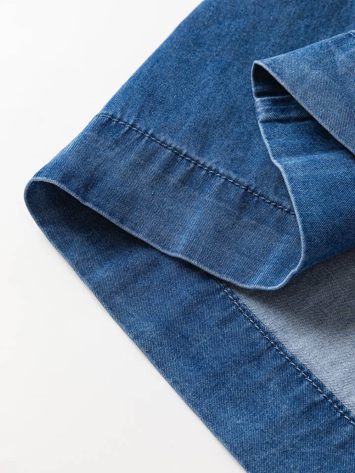 Dusk Blue Square Neck Denim Mini Dress with Side Pockets for wholesale on Faire23