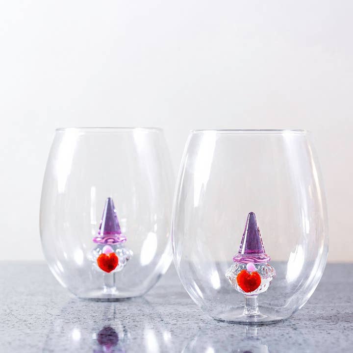 Jersey Art Glass - Wholesale Wine Glass - Figural Gnome Heart Wine Glass (Set of 2)