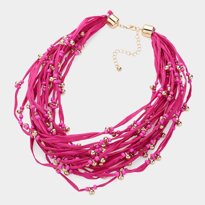Sensibling Corp. - Wholesale Bib Necklace - Metal Ball Beads Pointed Raffia Thread Multi Layered Necklace5