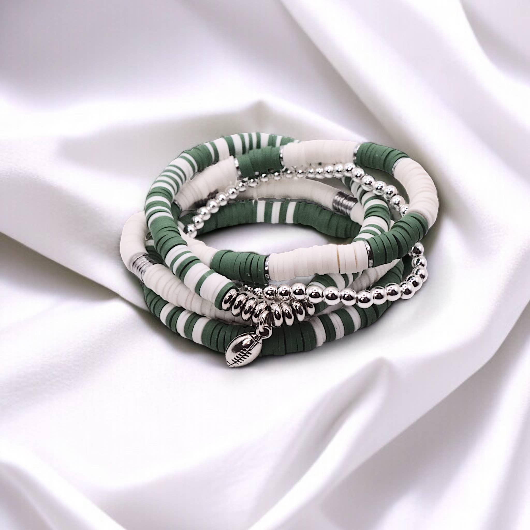 Fish Towne Designs, LLC - Wholesale Jewelry Set - Green and White Game Day Bracelet Stack3
