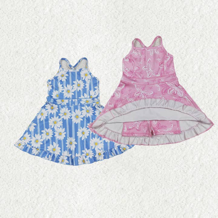 Robes à volants longueur genou pour bébés filles avec bretelles, rayures, fleurs et papillons. pour la vente par Aier Wholesale