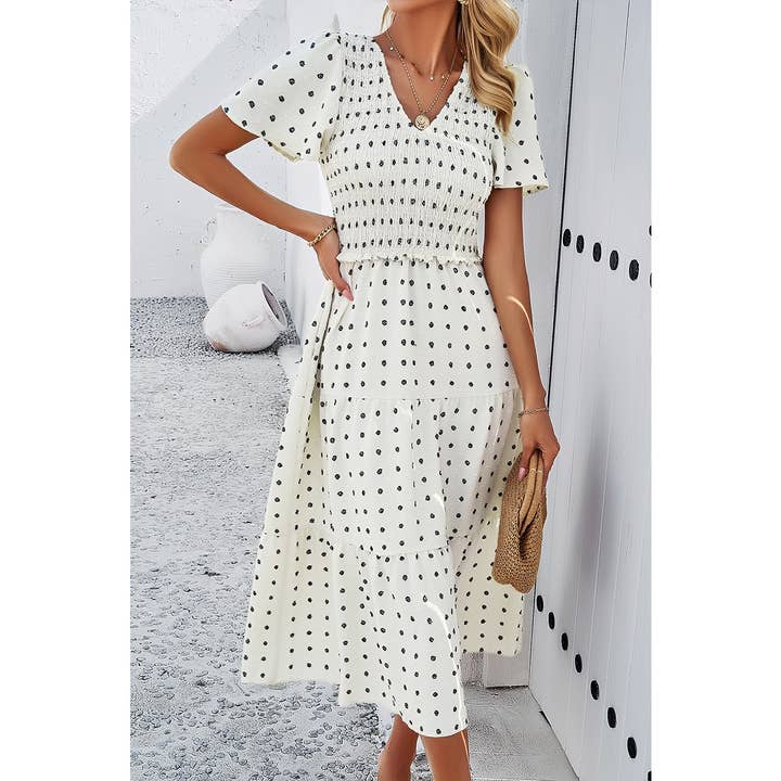 Elegant Ruched V Neck Short Sleeve Pleated Dress for wholesale by Supreme Fashion