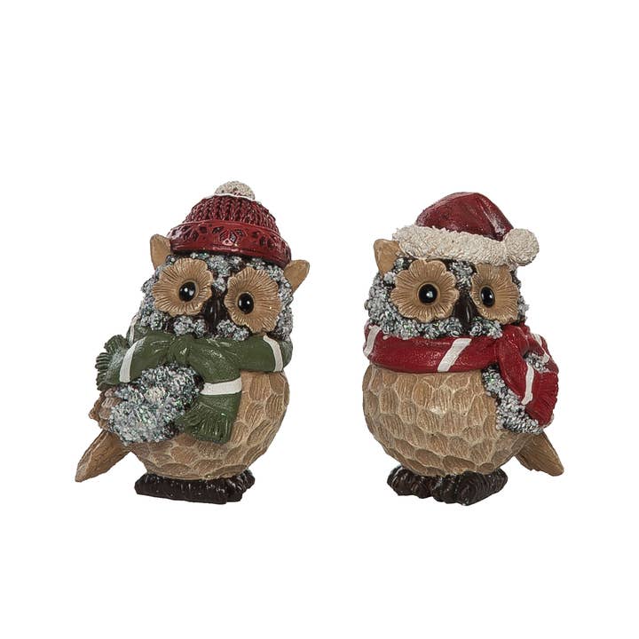 Christmas Small Resin Bundled Up Owl Figurine Set 2 DS for wholesale by Transpac