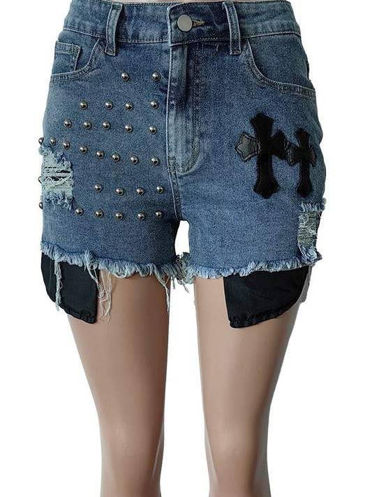 BLUE beaded distressed shorts for wholesale on Faire3