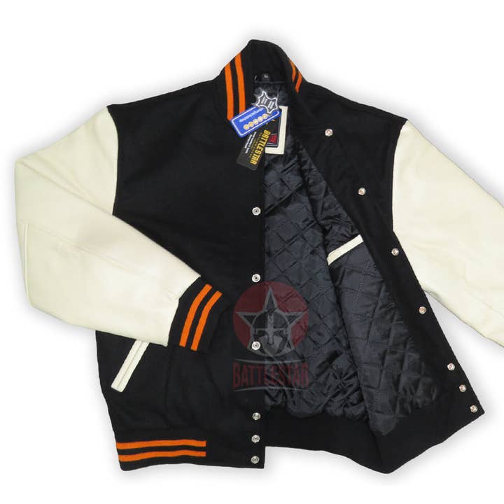 Battlestar Clothing & Gear Co – wholesale College/Baseball Jacket - Men’s – Black Wool Cream Leather Sleeves Varsity Jacket