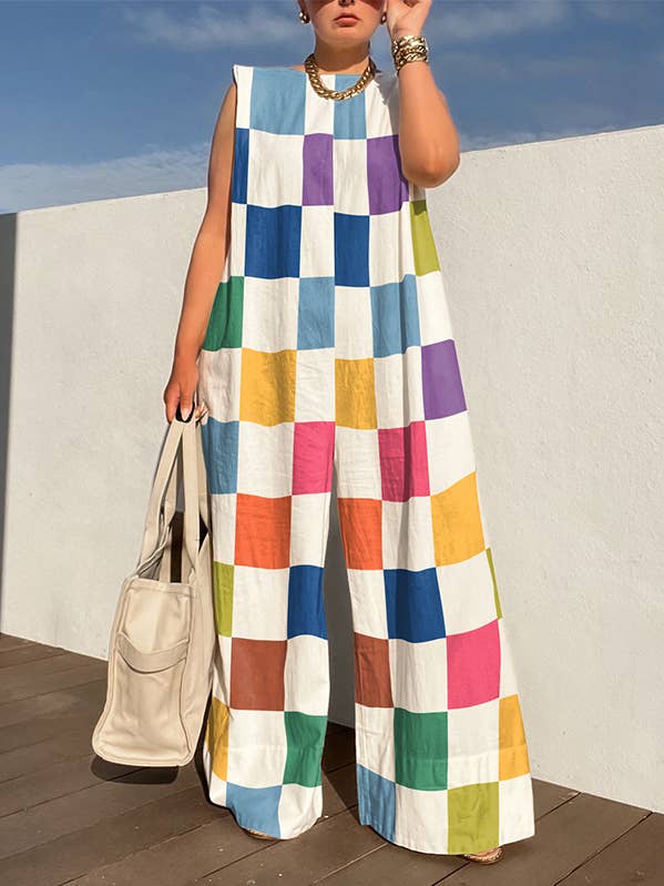 COLORFUL Loose Sleeveless Contrast Color Plaid Jumpsuits for wholesale on Faire