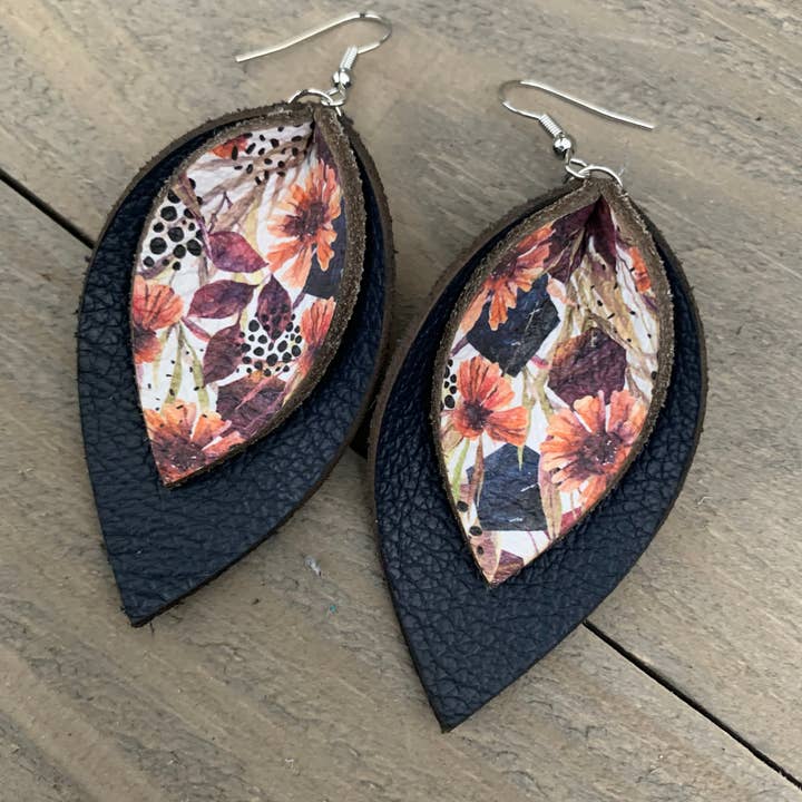 Jill's Jewels - Wholesale Dangle Earrings - Navy Fall Floral Double Layered Petal Leather Earrings1