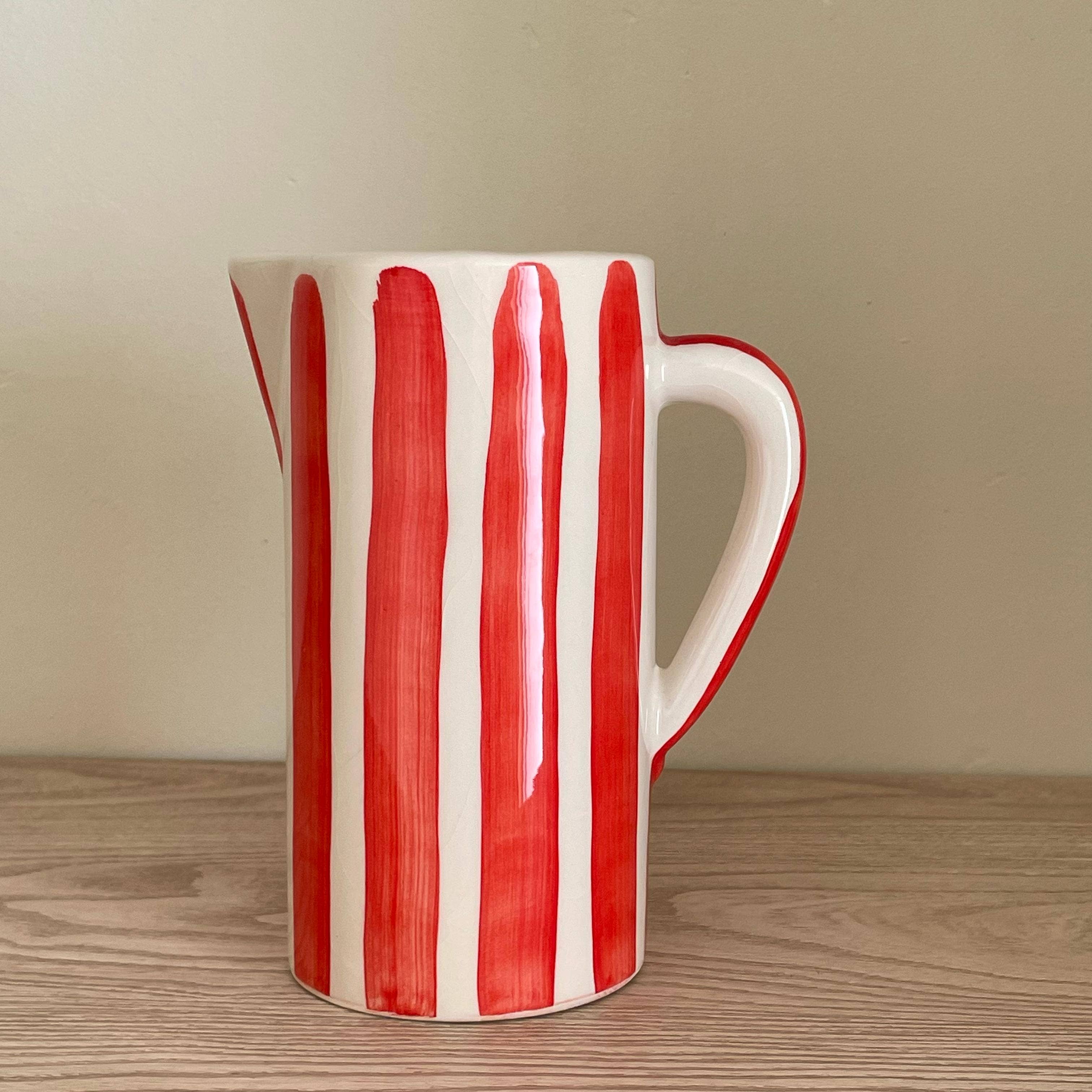 LeBazare - Vendita all'ingrosso Caraffe - Brocca in ceramica a righe rosse e bianche dipinta a mano (1 L)4