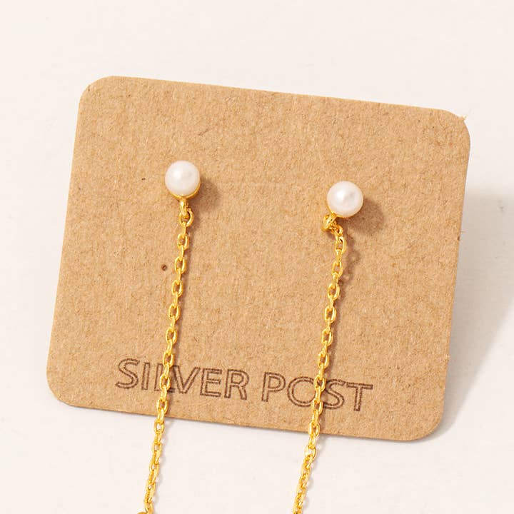 Gold Dipped Tear And Pearl Stud Chain Dangle Earrings for wholesale by Fame Accessories