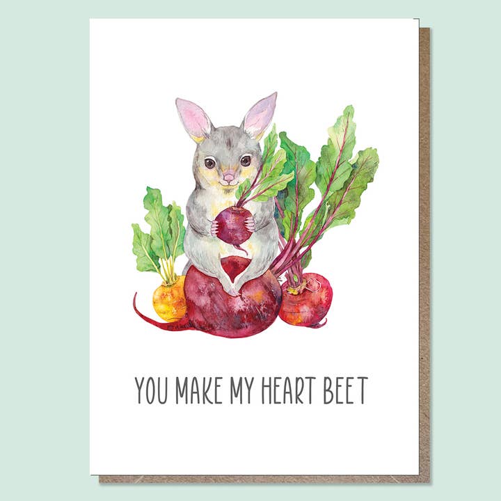 Watercolour Possum Greeting Cards// You Make My Heart Beet // Love Card, Eco Card, Illustration Art Card Print, Australia for wholesale by Watercolour By Cat