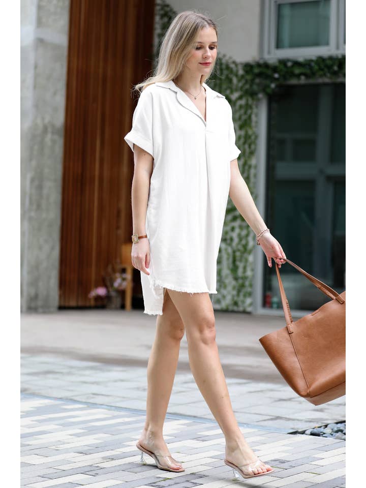 42POPS - Wholesale Dress - Women's - .SI-24570 Linen Shirt Dress With Frayed Hem