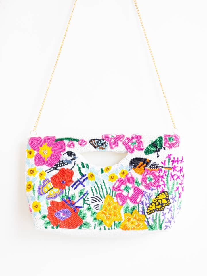 Birds of the Garden White Basket Crossbody Bag for wholesale by Pria Handmade Accessories
