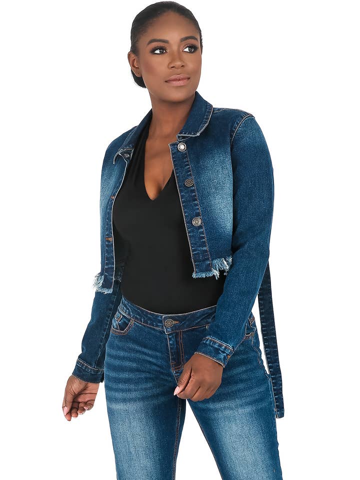 Poetic Justice Curvy Women's Strap Frayed Hem Indigo Jacket for wholesale by Poetic Justice