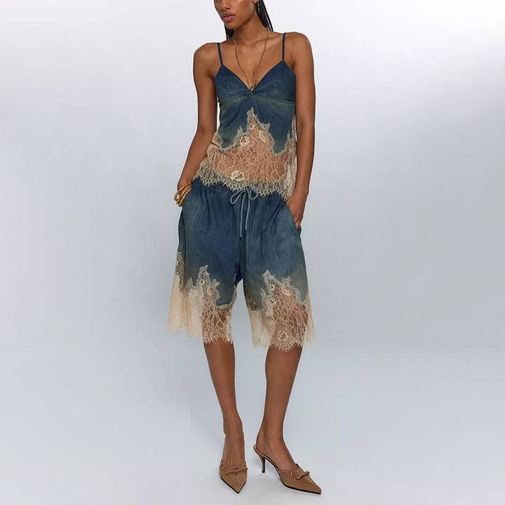 Multi Colored SET8-1 Sexy Lace Suspender Top & Denim Shorts Set for wholesale on Faire21