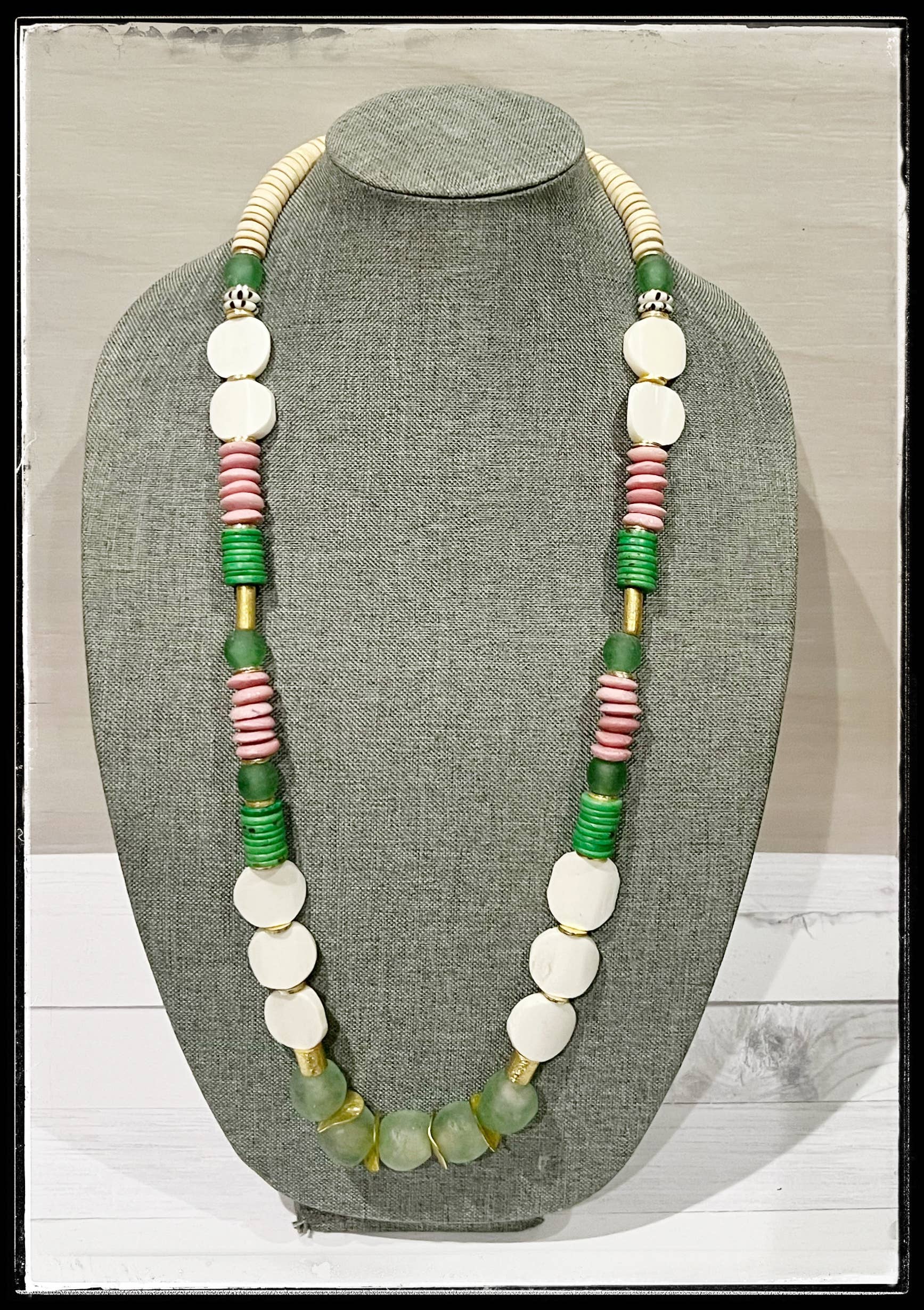 GentrybyJenna - Wholesale Beaded/Pearl Necklace - Bone, Glass & Coconut Wood Bead Necklace- Green Colorblock3