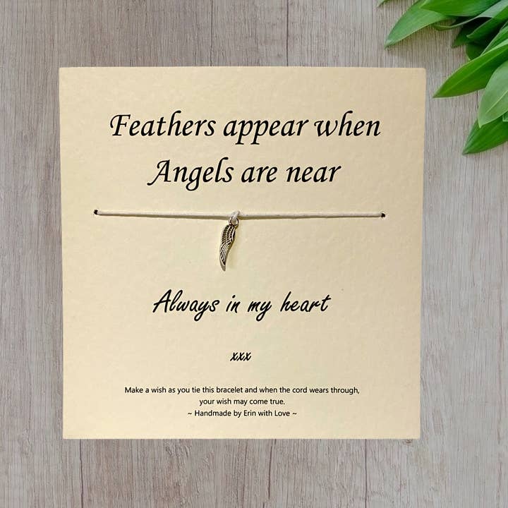 Fjer vises ønske armbånd og meddelelseskort for engroshandel hos By Erin Cards and Gifts Ltd