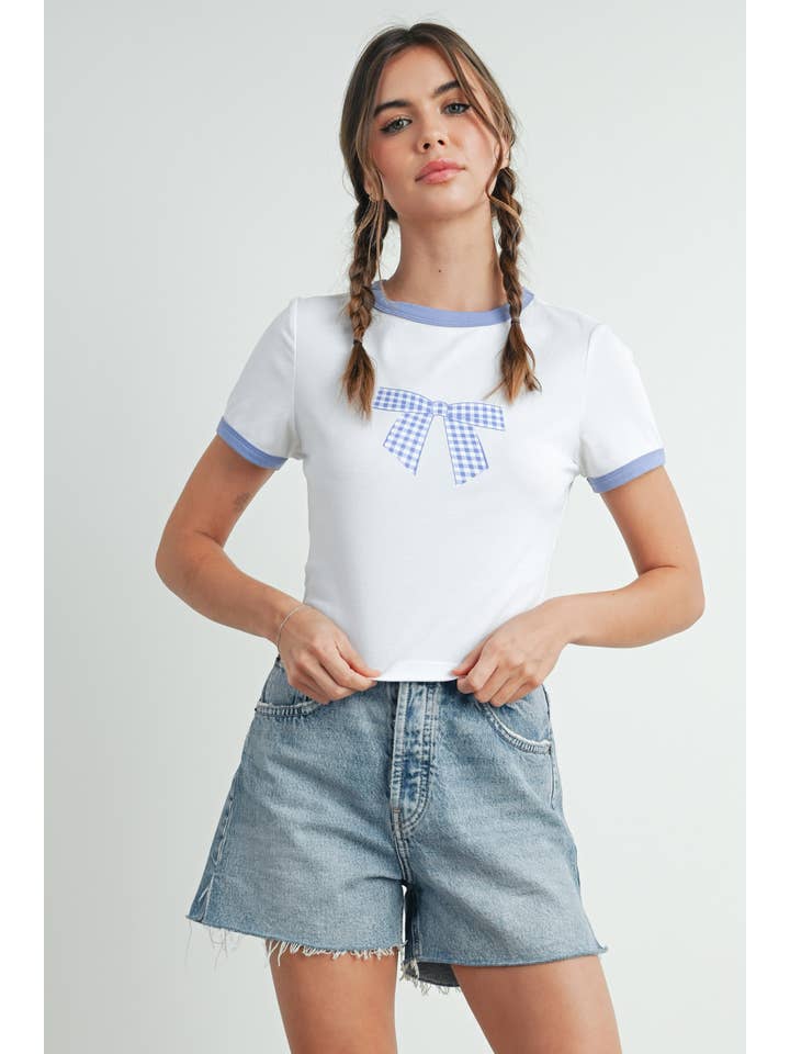 BUTTERMELON - Wholesale Screen Printed T-Shirt - Women's - Bow Print Crop Tee - BMT7649