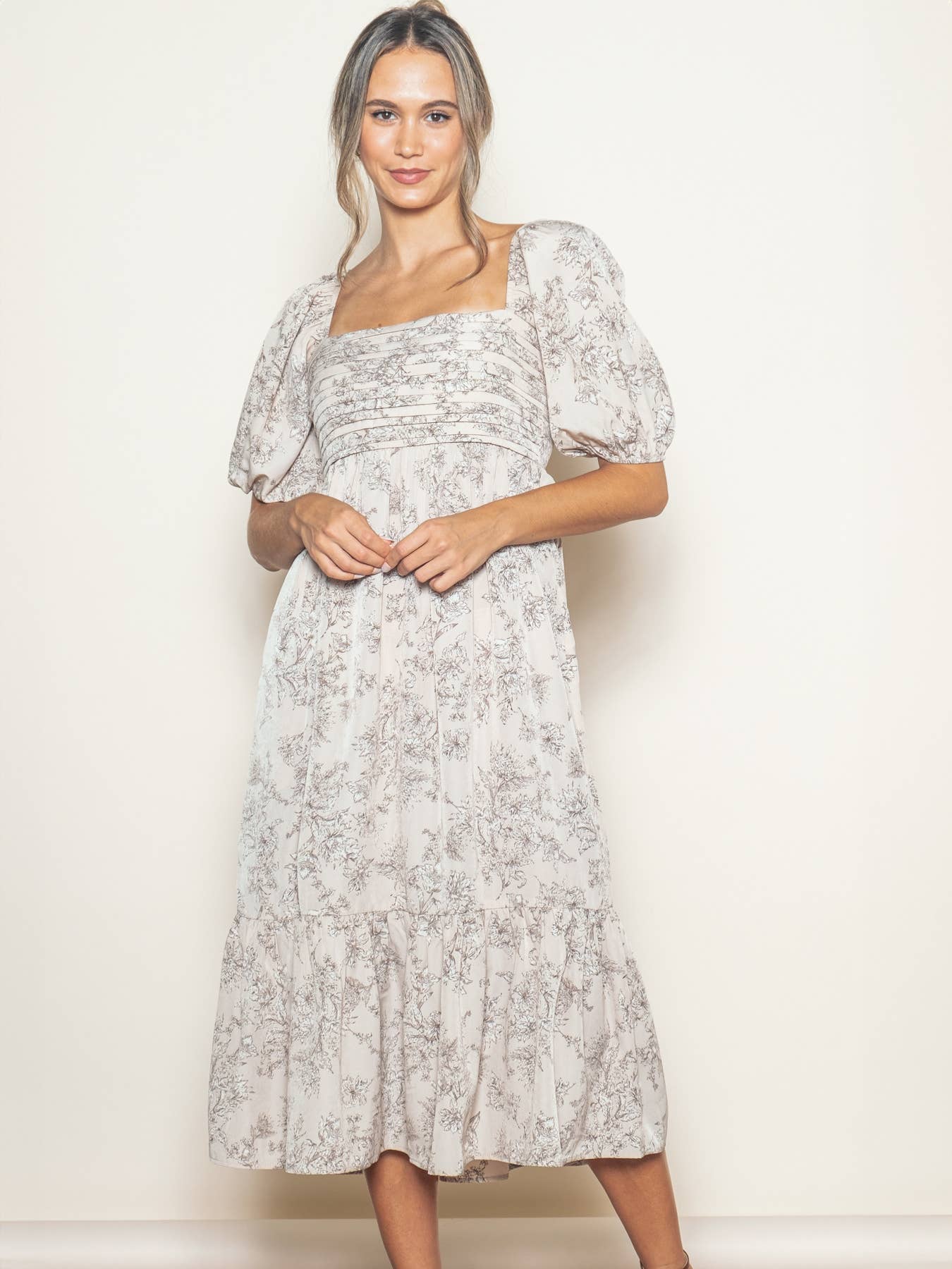 Elloh Collection - Wholesale Dress - Women's - Romantic Bubble Sleeve Pleated Midi Dress with Pockets1