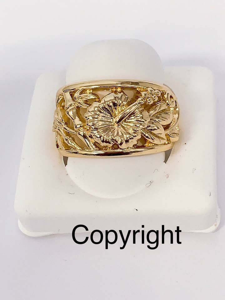 Hawaiian Hamilton Gold Bamboo Hibiscus Flower Ring for wholesale by Anela's Jewelry