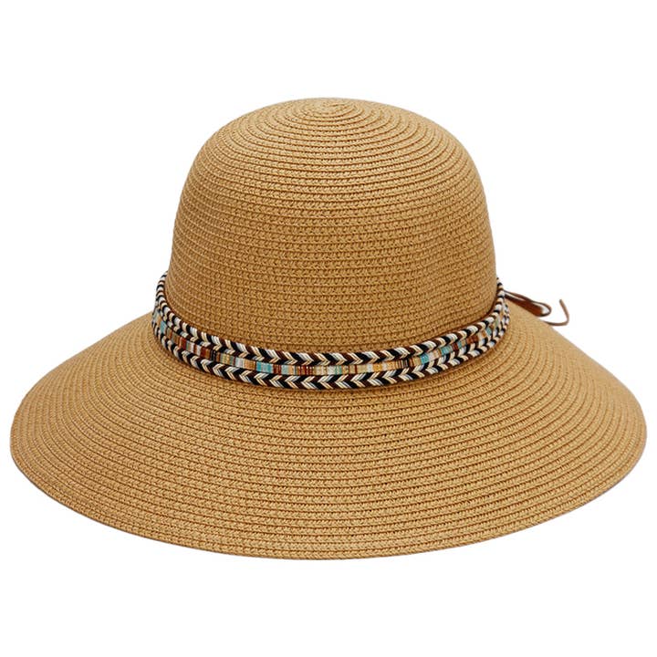 Cap Zone - Wholesale Straw Hat - Women's - Tribal Band Dome Brim Straw Derby Sun Hat5