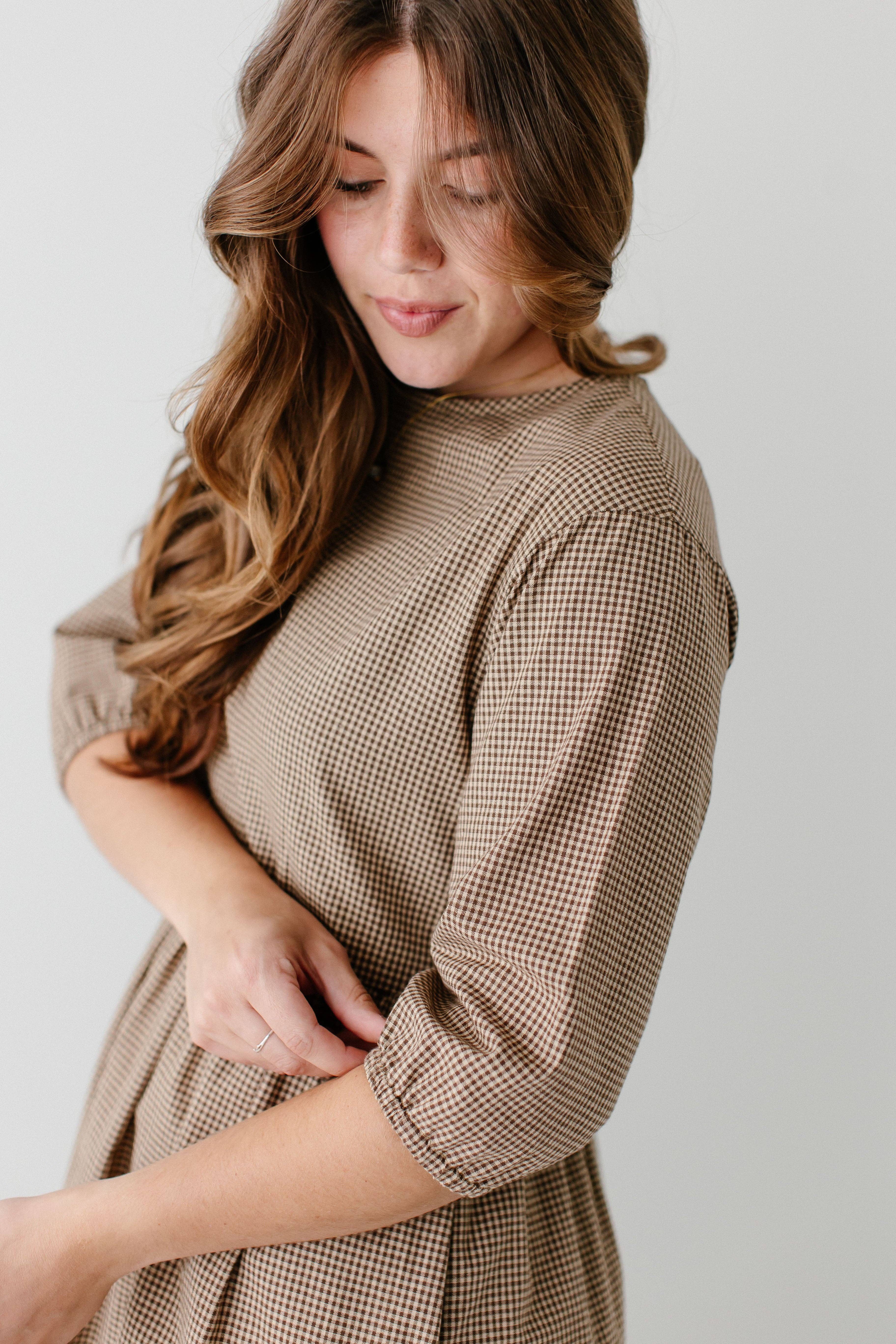 Brown 'Beth' Cotton Gingham Maxi Dress for wholesale on Faire4