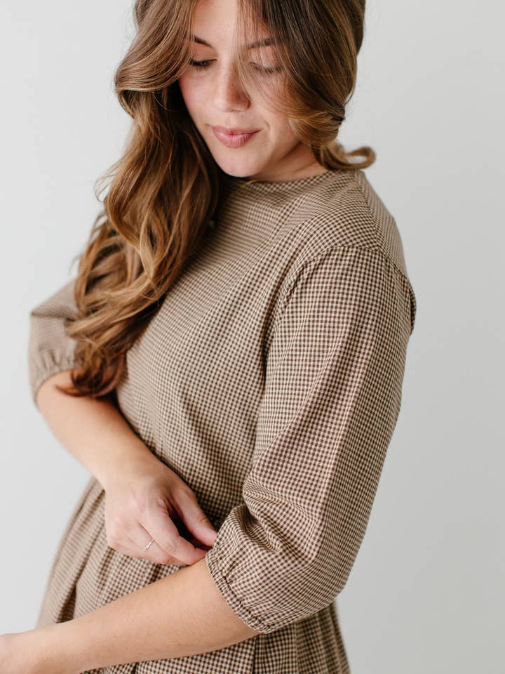 Brown 'Beth' Cotton Gingham Maxi Dress for wholesale on Faire4