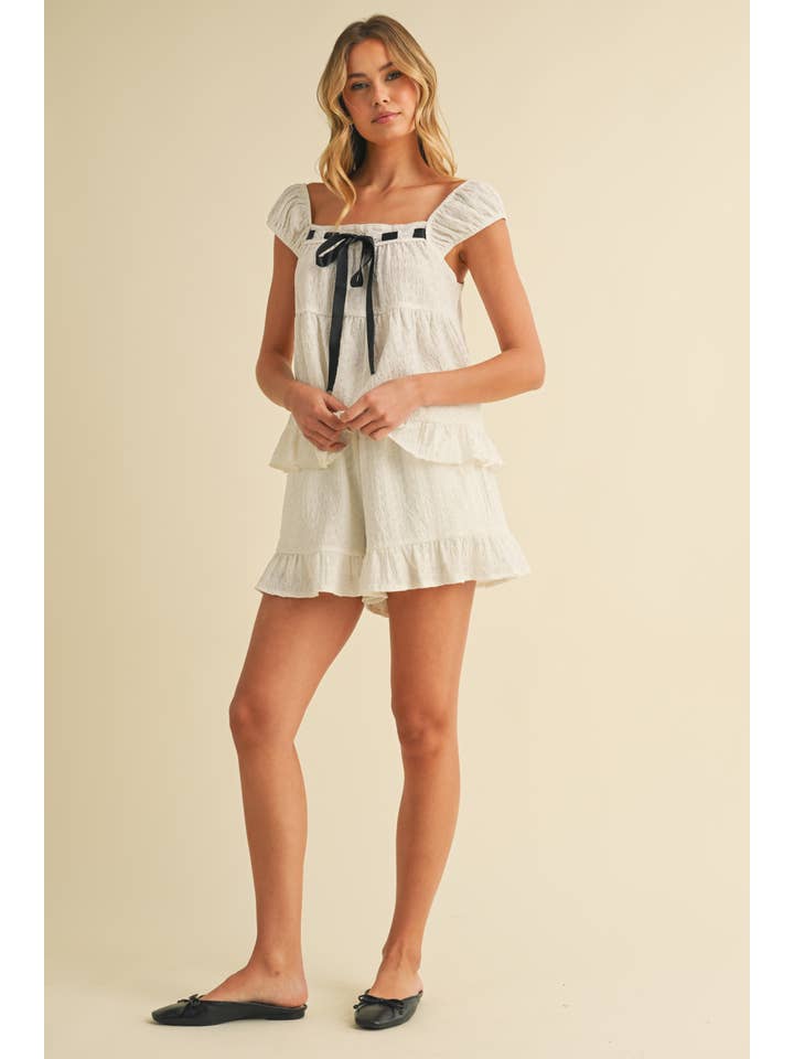 Klesis - Wholesale Lounge Set - Women's - IST5888 CONTRAST RIBBON RUFFLED HEM TOP AND SHORTS SET21