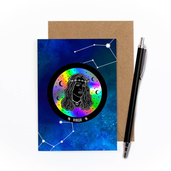 Virgo Birthday Sticker Greetings Card for wholesale by Amy Illustrates