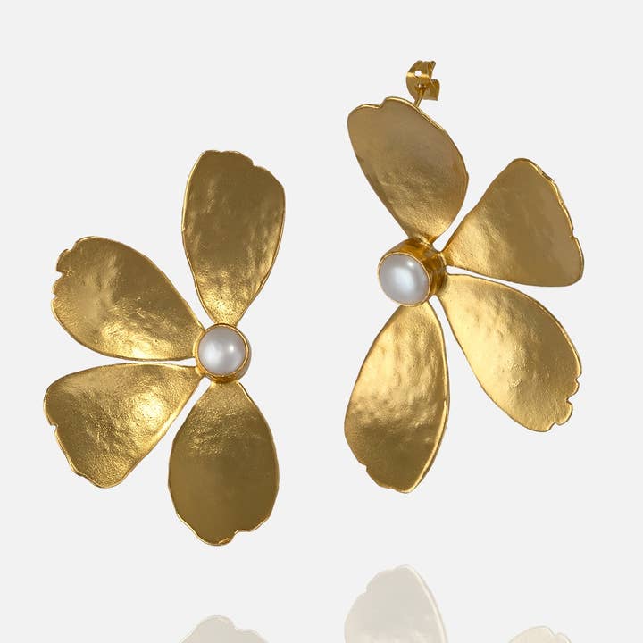 AJS Design Studio - Wholesale Dangle Earrings - Gold plated brass large flower earrings with pearl1
