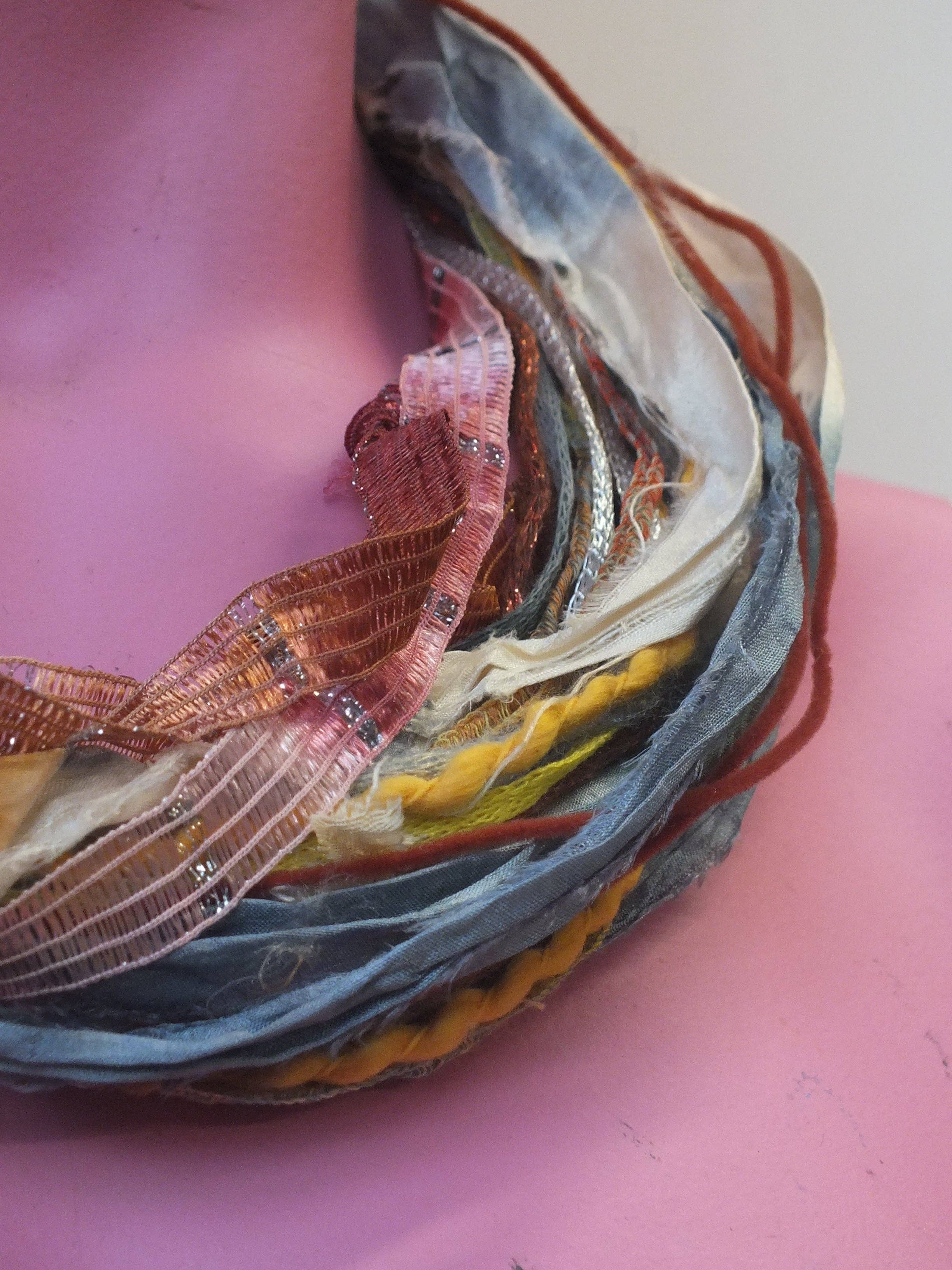 Megan Crook Textiles – wholesale Yarn – Silk Yarn Necklace in Grey Ochre2