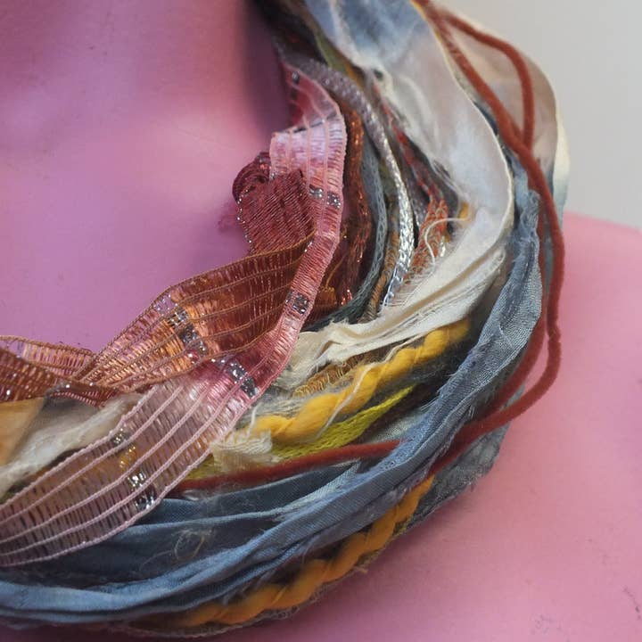 Megan Crook Textiles – wholesale Yarn – Silk Yarn Necklace in Grey Ochre2