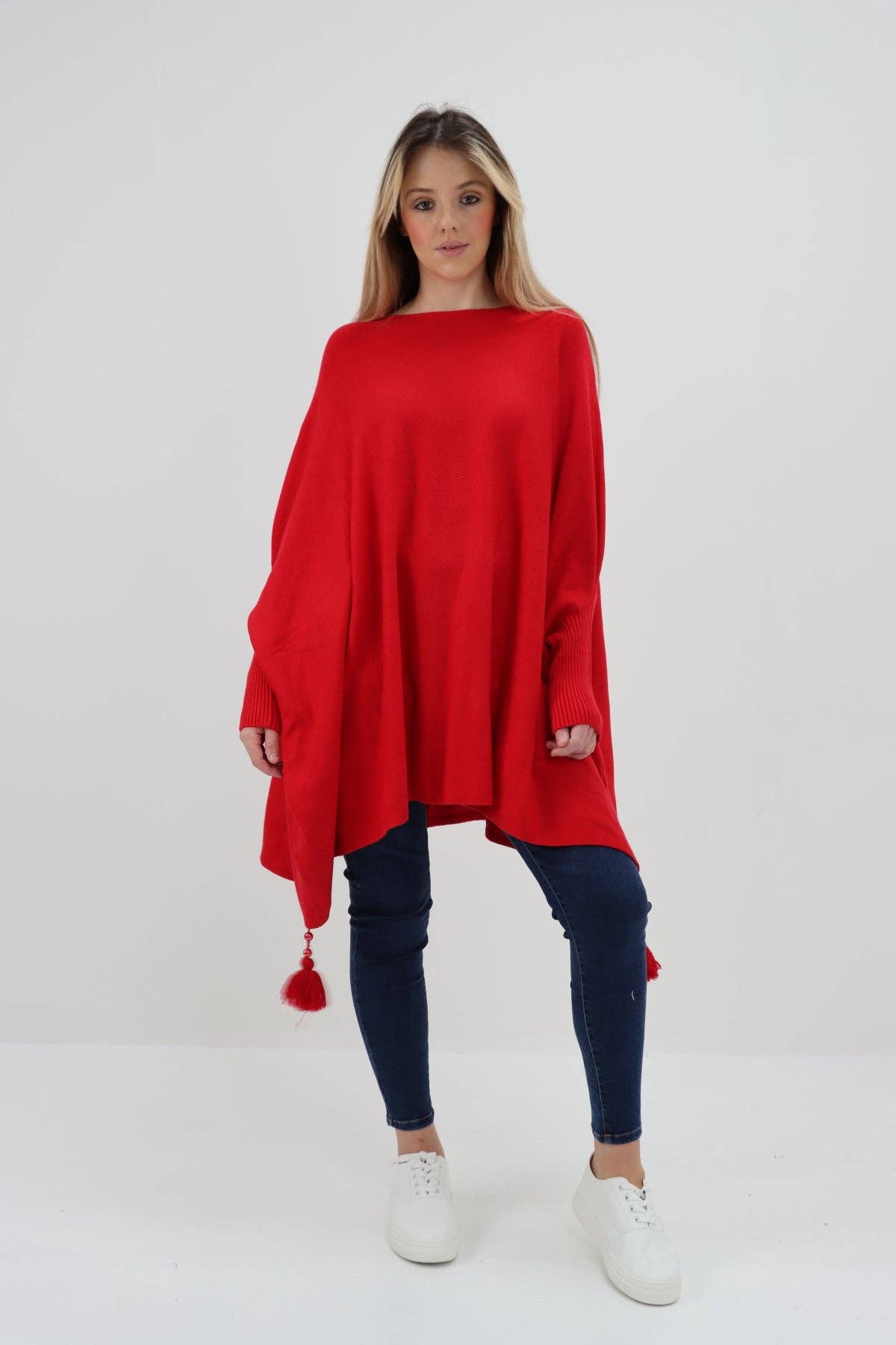 Miss Bold - Wholesale Poncho - Women's - Italian Plain Batwing Sleeves Tassels Tunic Poncho36