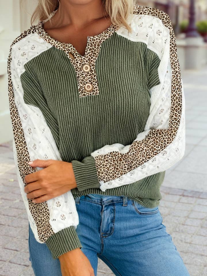 1 the Woman - Wholesale Knit Top - Women's - Spring Twisted Ribbed Leopard Lace Patchwork Long Sleeve Top2
