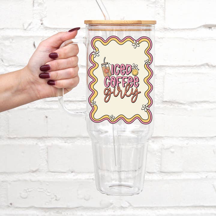 Iced Coffee Girly 40oz Glass Tumbler With Lid and Straw for wholesale by Sip-Sip Hooray!