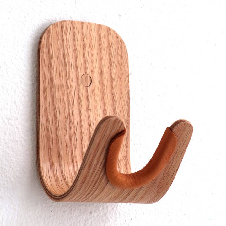 OneFortyThree - Wholesale Wall Hook - Ukulele guitar hook - oak with saddle leather0