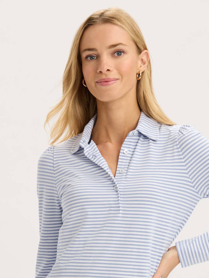 Long Sleeve Puff Sleeve Cotton Stripe Polo for wholesale by RNWK