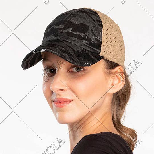 WASHED CAMOUFLAGE PONY CAP WITH STRETCH MESH, BT 787 for wholesale by JOIA ACCESSORIES