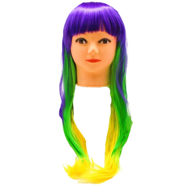 Purple, Green and Yellow Long Curled Wig (Each) for wholesale by Plush Appeal LLC