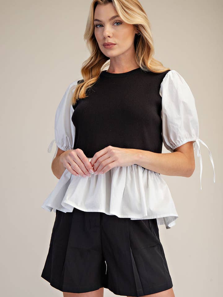 Top in maglia 2 in 1 con maniche a sbuffo a contrasto e peplo per la vendita all'ingrosso da parte di PORSHA