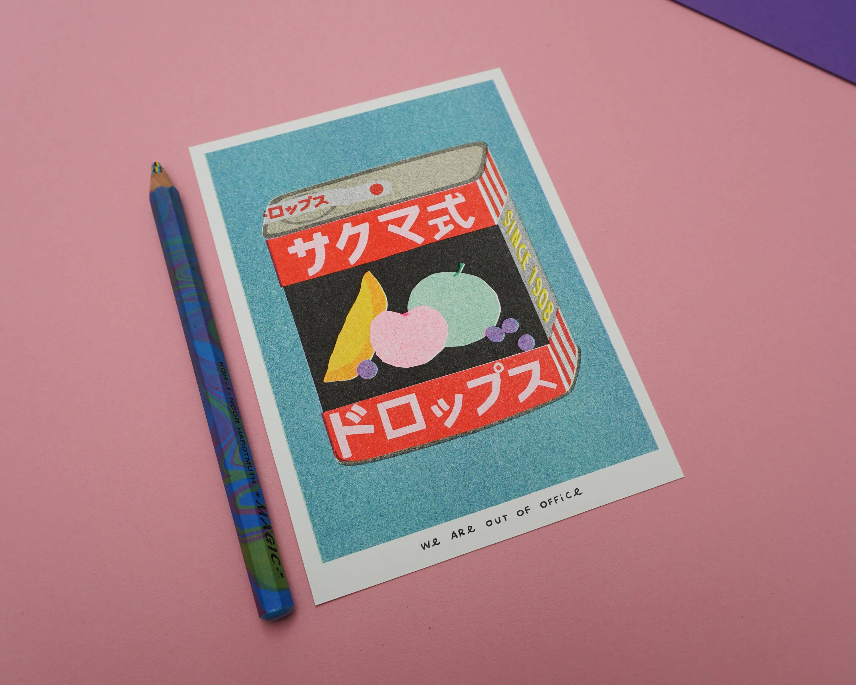 We are out of office – wholesale Art print – A risograph print of a tin can of Sakuma Drops3